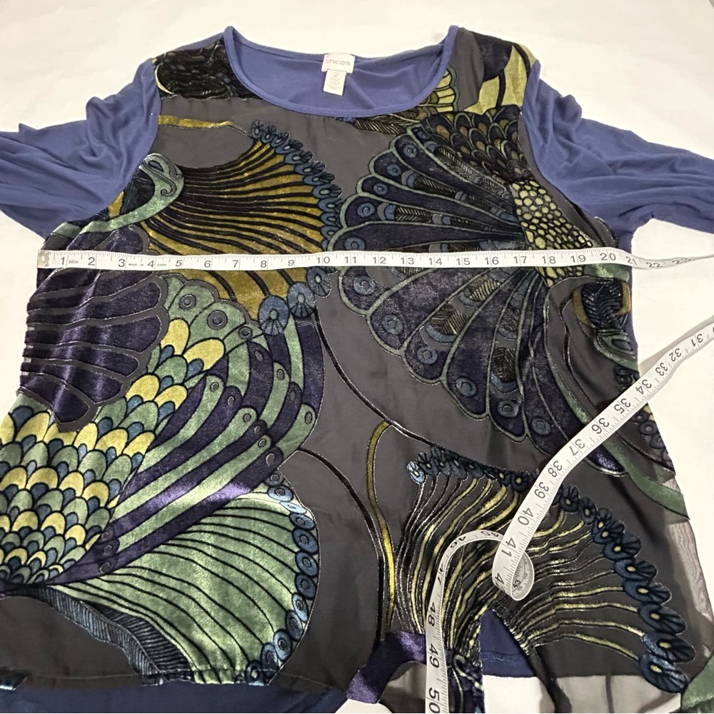 Chico's Size 2 (Large) Blue Multicolor Peacock Velour Burnout Side Tie Blouse - Picture 7 of 9